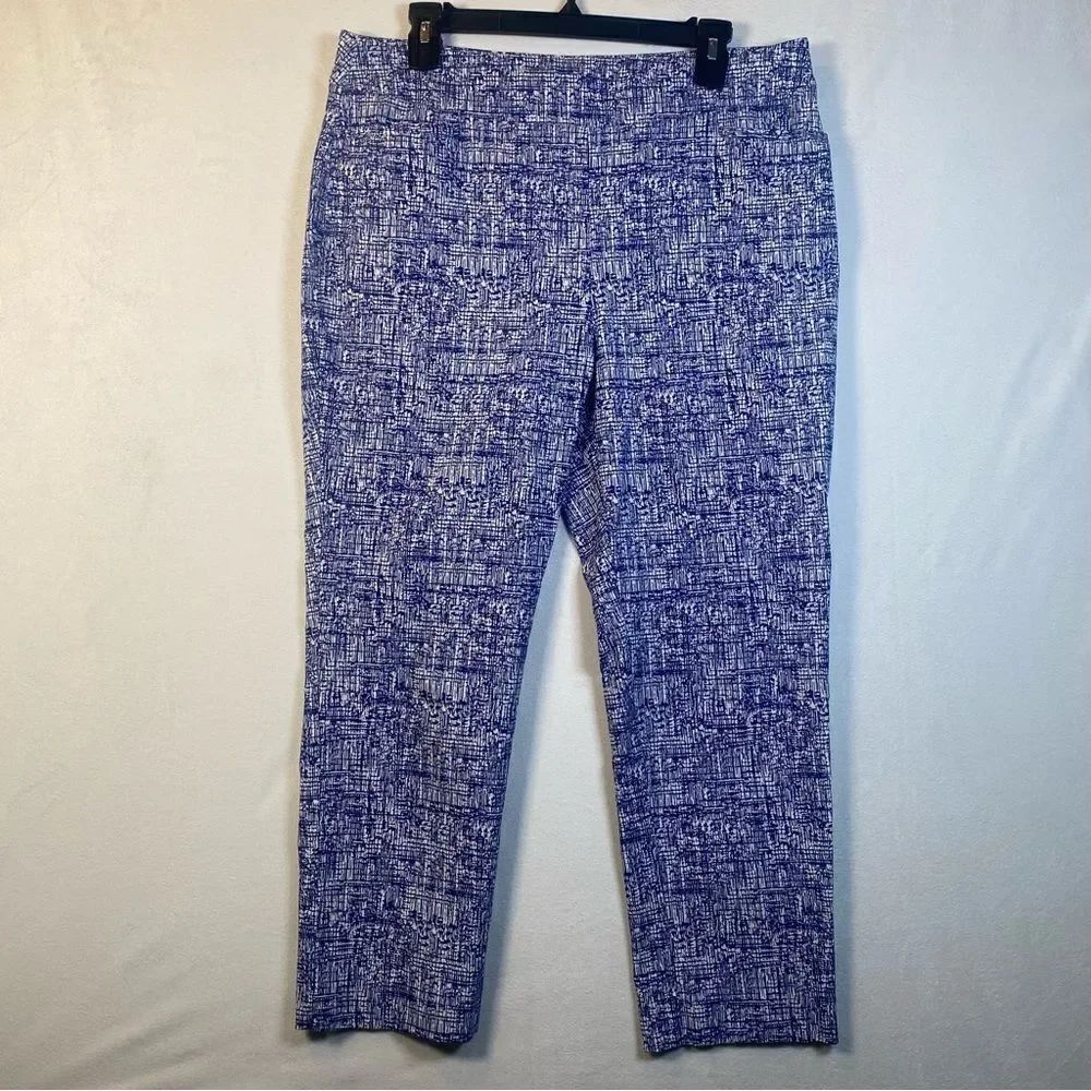 Chico's Pull On Blue and White Geo Design Stretch Ankle Pants Size 14P